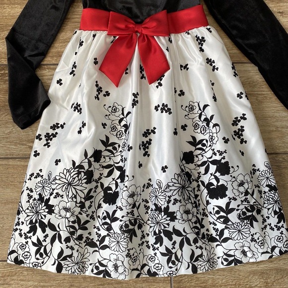Girls Velvet Flocked Black & Red Matt Satin Dress - Picture 3 of 6